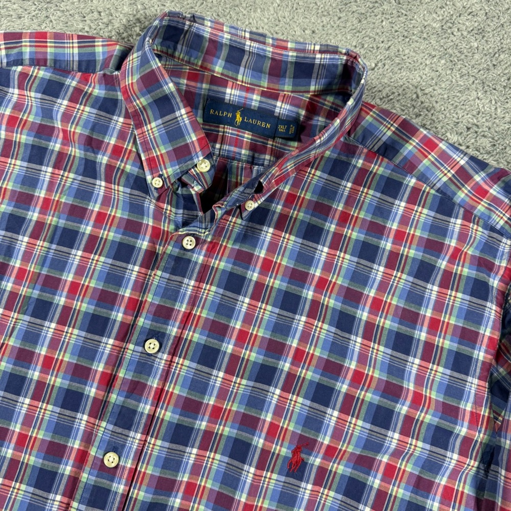 Polo Ralph Lauren Button Down Shirt Mens 2XLT Blue Red Plaid Long Sleeve Pony